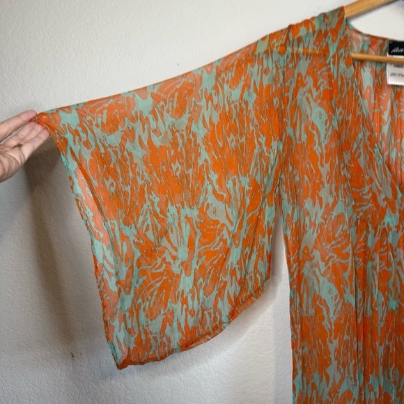 Jet Set 100% Silk Blue Orange V Neck Sheer Dramatic Sleeve Cover Up Top Boho SML - Picture 3 of 11